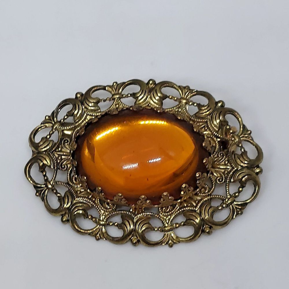 Vintage West Germany Brooch Filigree Amber‎ Color Cabochon